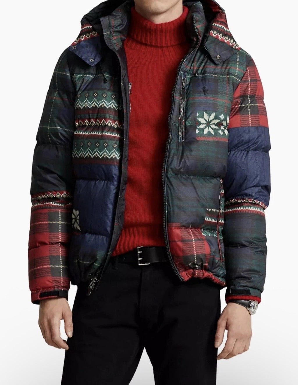 $498 Polo Ralph Lauren Mens XL Snow Patchwork Puffer Hooded Zip Down Jacket