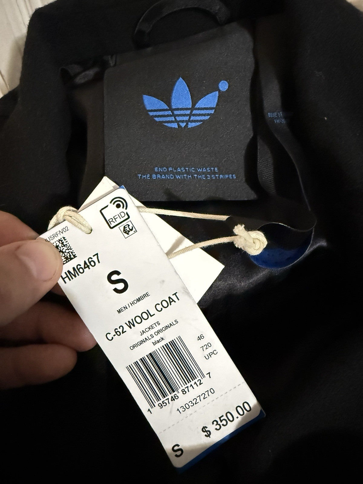 adidas Originals Chile 62 Wool Coat Size S Black Double Breasted Blue Version ⚫️