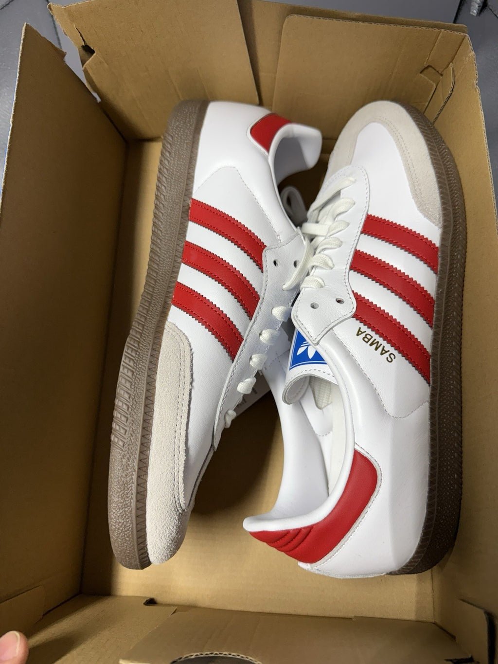 Size 12 Men's Adidas Samba OG White Victory Red Brown Sole IG1025 Sneakers Shoes
