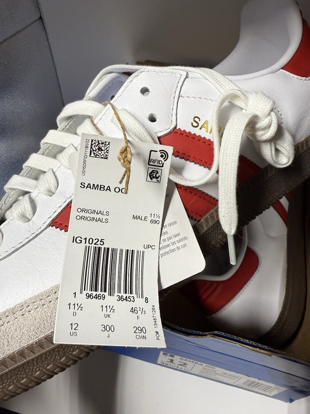 Size 12 Men's Adidas Samba OG White Victory Red Brown Sole IG1025 Sneakers Shoes