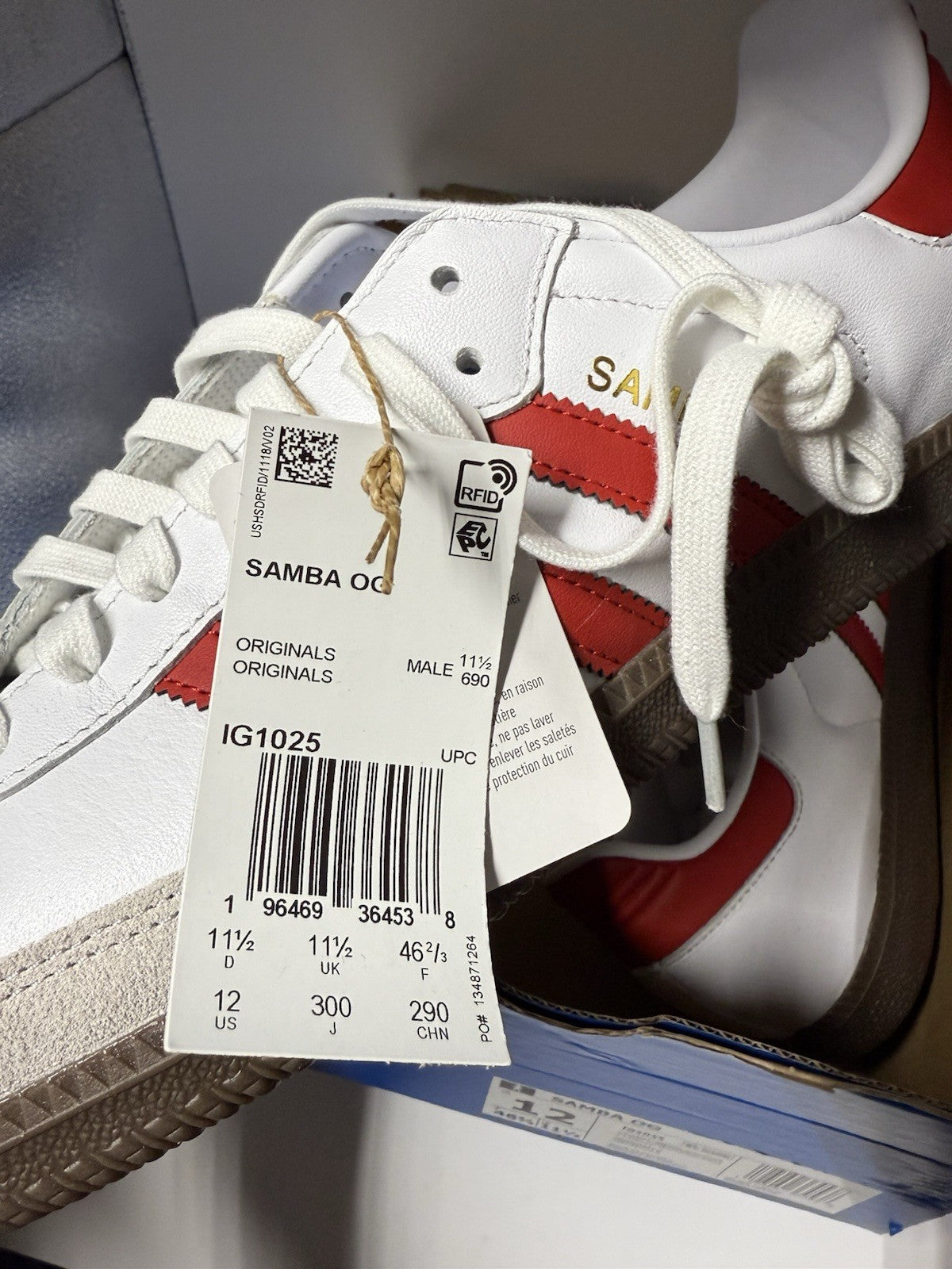 Size 12 Men's Adidas Samba OG White Victory Red Brown Sole IG1025 Sneakers Shoes