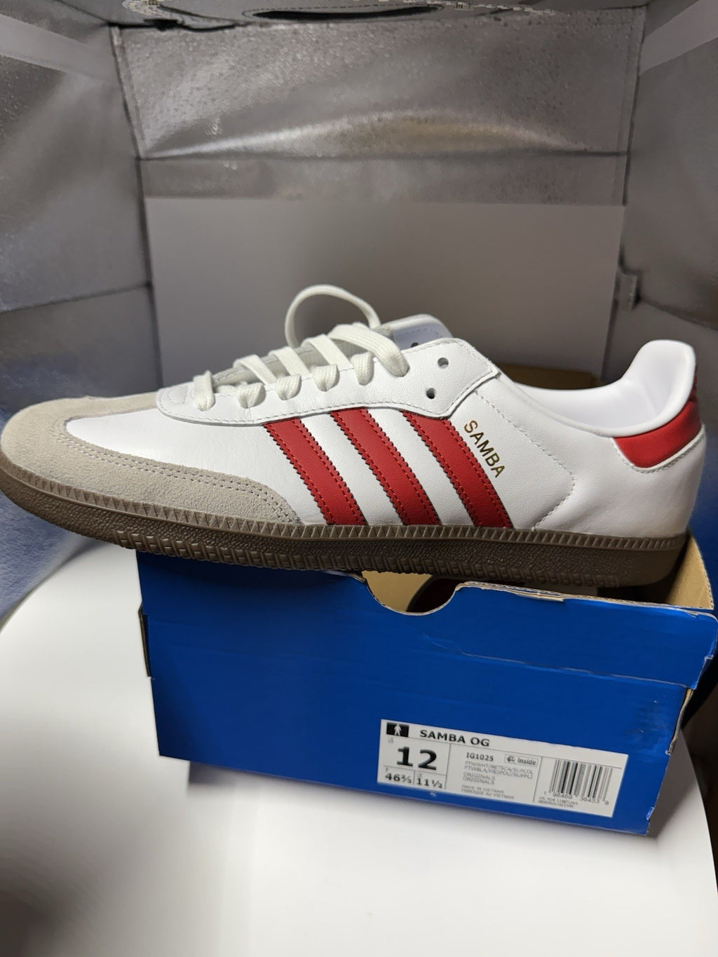Size 12 Men's Adidas Samba OG White Victory Red Brown Sole IG1025 Sneakers Shoes